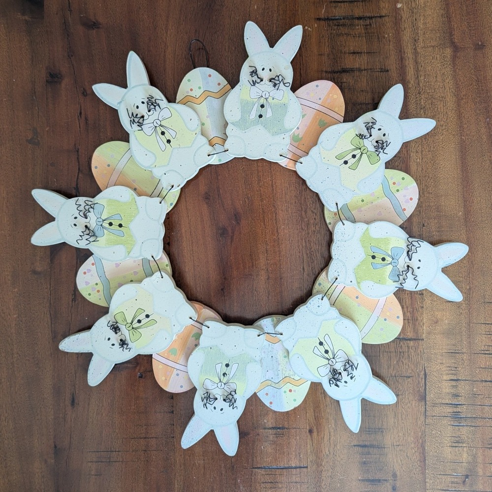 Wooden Easter Bunny Egg Wreath Multicolor Pastel Spring Decor Festive Rustic